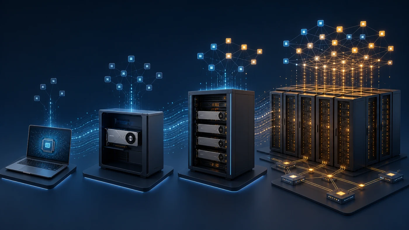 Four enterprise AI deployment tiers from laptop and workstation to GPU server and multi-node data center