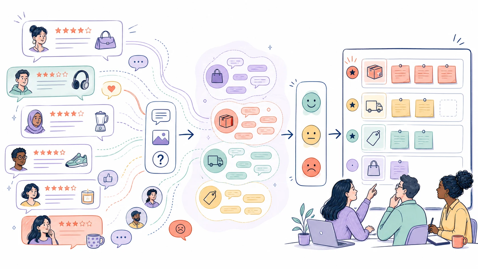 如何用電商評論做 Voice of Customer？從評論到產品洞察資訊圖表配圖，呈現AI 知識中心的重點概念